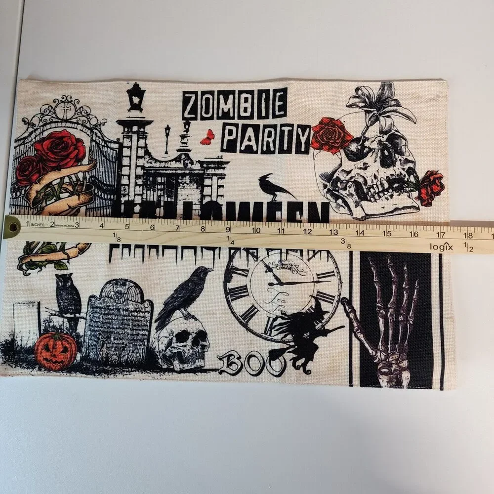 Halloween Theme Place Mats 4 Pack Roses Crows Skulls Spooky Zombie Party 18x12